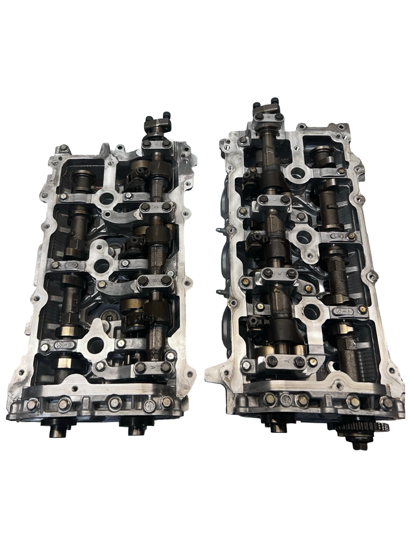 Top view of Nissan Infiniti G37 3.7 DOHC V6 Cylinder Heads Cast# EYO Complete 2008 - 2020